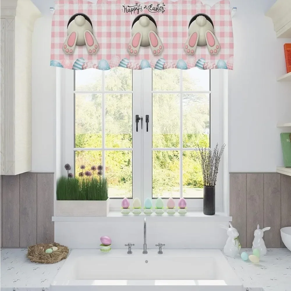 Easter Curtain Valances for Windows, Bunny Easter Eggs Floral Spring Pink Plaid - Picture 4 of 8